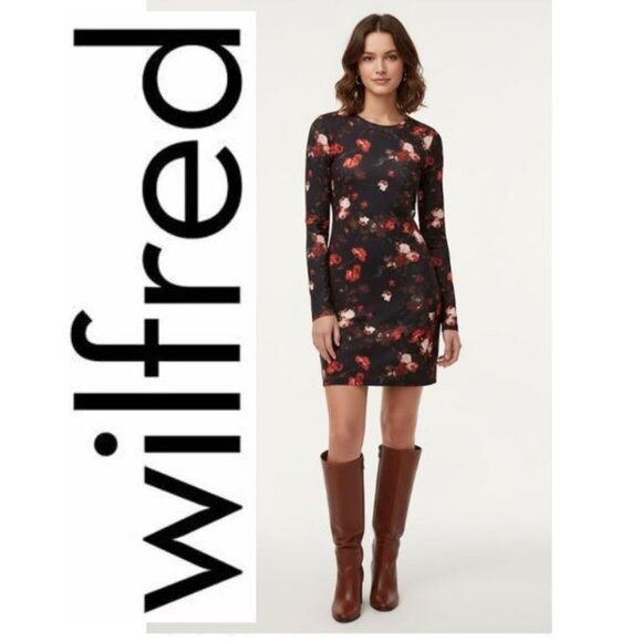 WILFRED, "The Fleur" black floral long sleeve bodycon dress - Picture 1 of 7